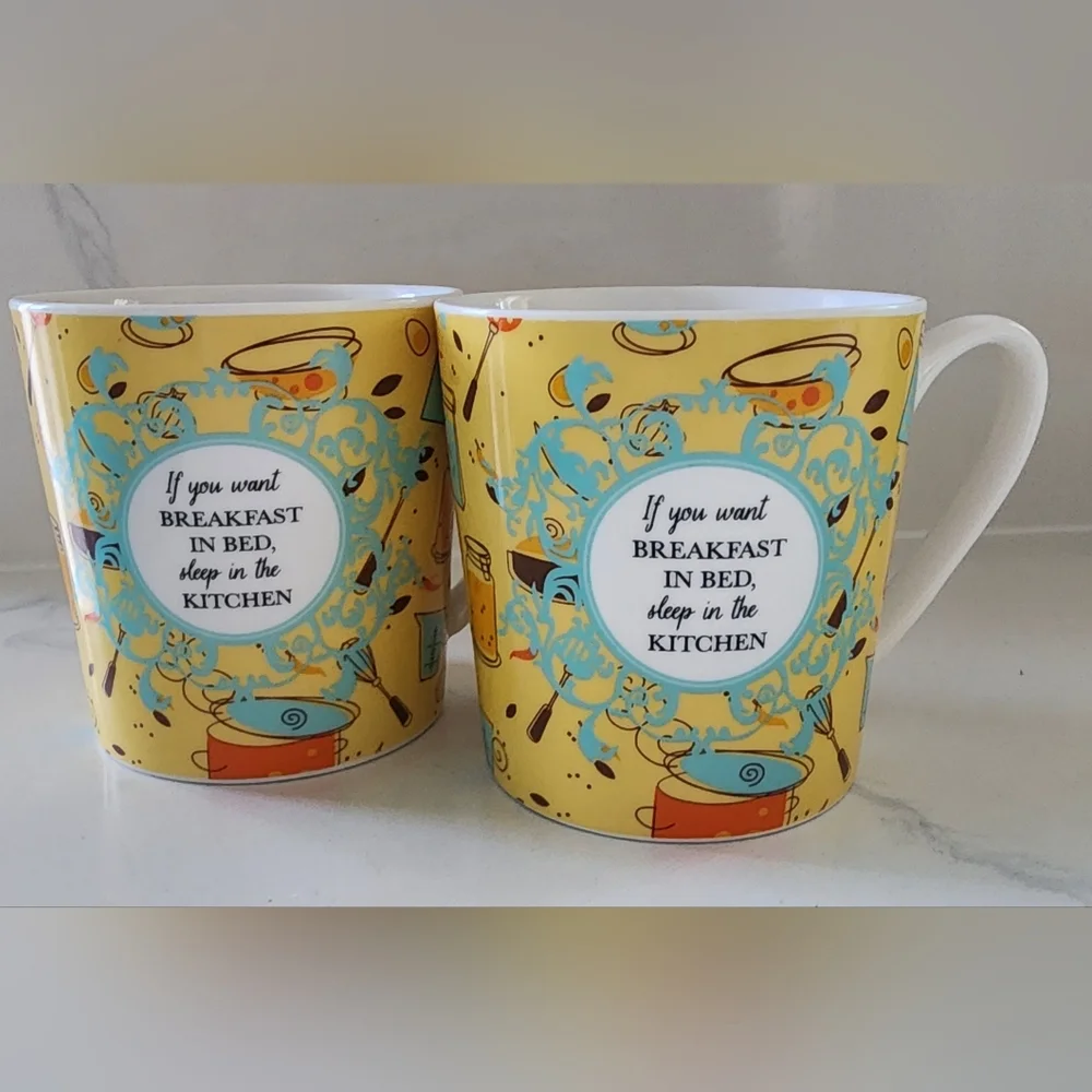 Rare Discontinued Pier 1‎ Breakfast In Bed Porcelain Mugs Set Of Two 16 Oz